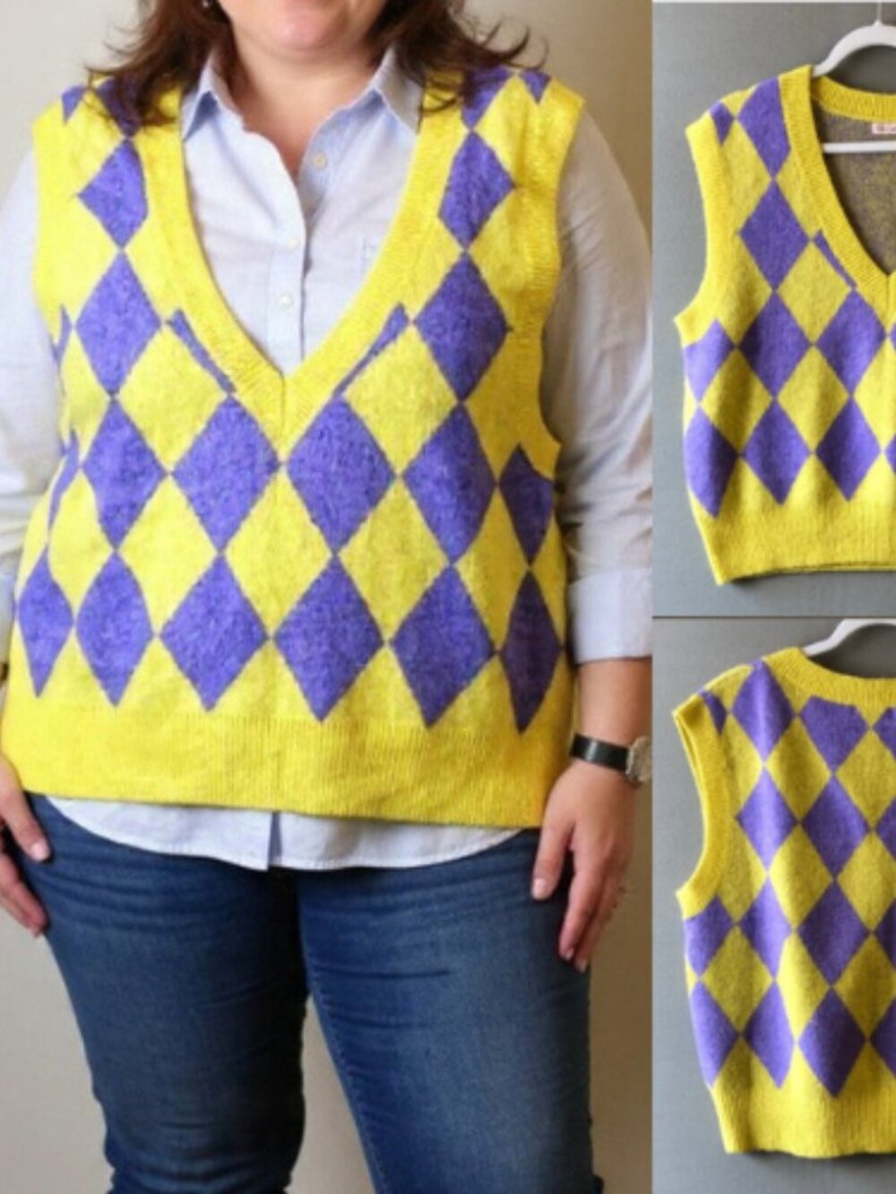 Retro 60's Style Yellow purple Checkered vest Bust 40"